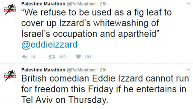 Tweets sent out by the organizers of the Palestine Marathon regarding Izzard's participation
