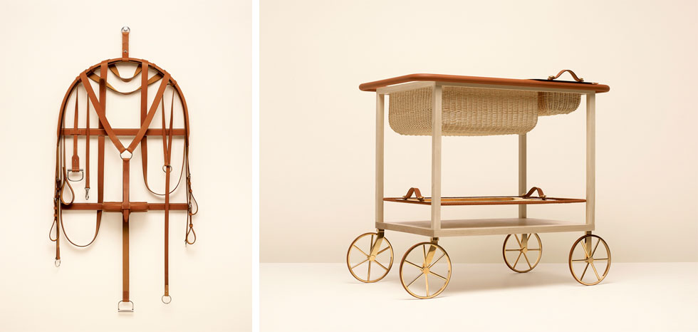 ''הרמס'' הצרפתית הציגה פריטים שעשויים מחומרי הגלם הבסיסיים שלה, שיועדו לסוסים ולרוכביהם. מתלה חפצים (משמאל) ועגלת הגשה