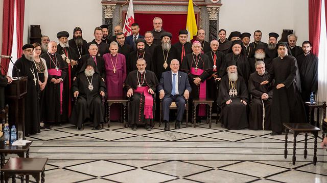 President Rivlin with Latin Patriarchate Archbishop Pierbattista Pizzaballa, and Greek Orthodox Patriarch Theophilos III (Photo: Kobi Richter/TPS)