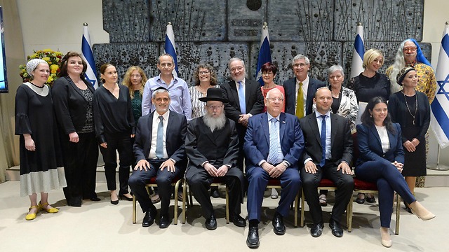 Back row: Prize winners; front frow L-R: Eli Yishai, Yaakov Litzman, Reuven Rivlin, Naftali Bennett, Ayelet Shaked (Photo: Mark Neiman/GPO)