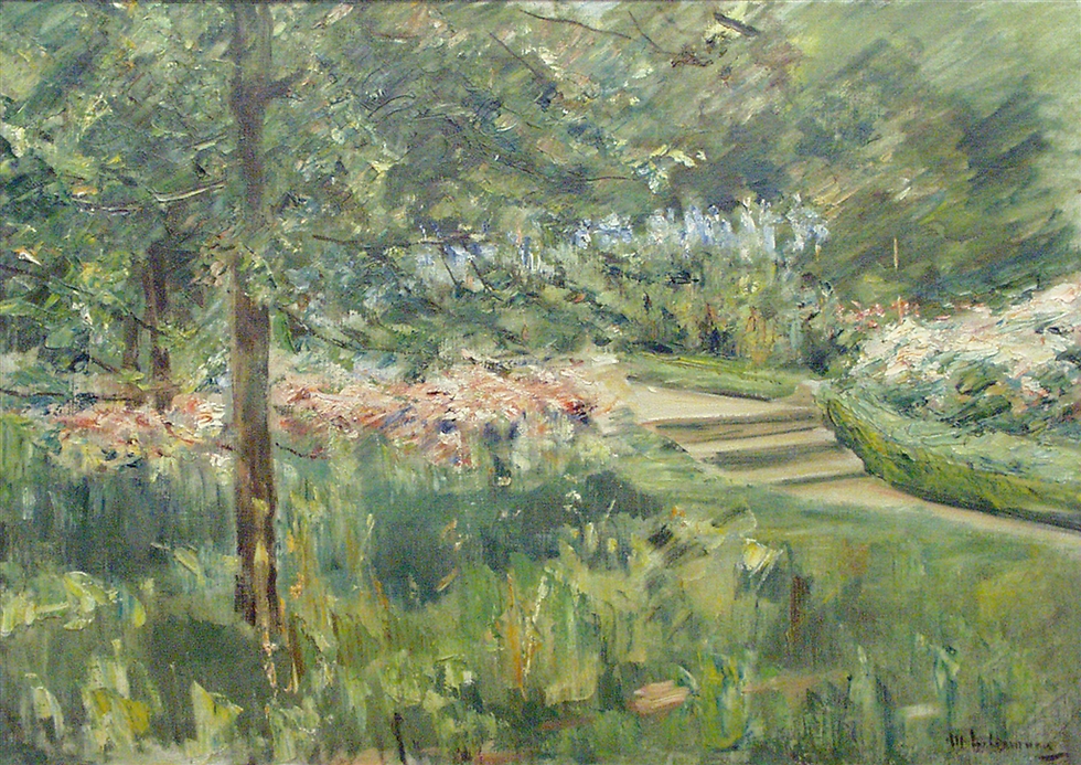 "הגן הפורח", יצירה של מקס ליברמן מ-1923, המתארת את הנוף הנשקף מהווילה של ליברמן ואשתו באזור בוואנזה שהוחרב על ידי הנאצים. הייתה תלויה זמן מה בבית הנשיא שמעון פרס. הוחזרה ב-2013 ()