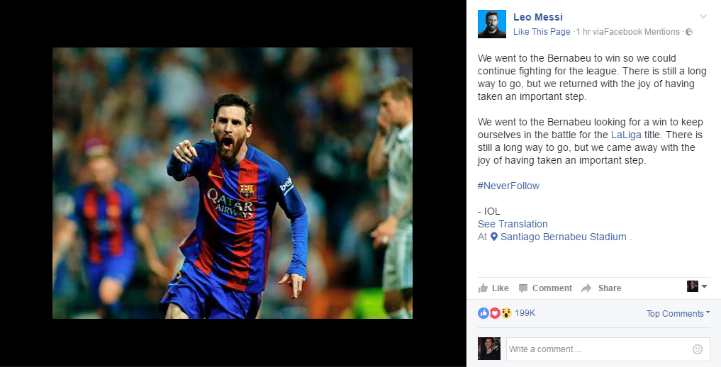 הפוסט שמסי פרסם אחרי הניצחון בברנבאו (צילום: מתוך הפייסבוק) (צילום: מתוך הפייסבוק)