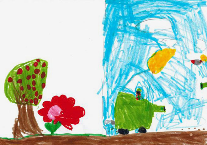 ציור של בן 7 מדרום הארץ, בימי האזעקות. הצד של המלחמה חזק, מתוח וזוויתי והצד של השלום רגוע