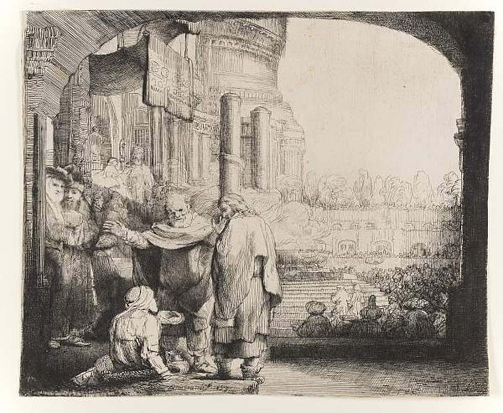 הקדושים פטר וג'ון בירושלים, תחריט של רמברנדט. מתוך אוסף מוזיאון ישראל ()