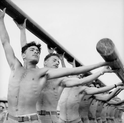 חיילים בחגיגות יום העצמאות באצטדיון רמת גן, 1952 (צילום: דוד רובינגר)