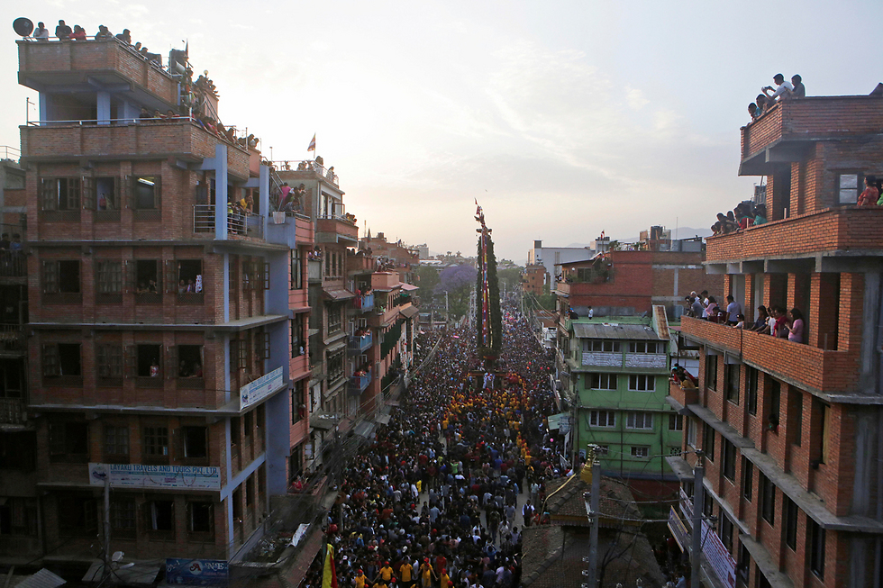 בעיר לליטפור שבנפאל חגגו ההמונים ברחובות את חג הקציר (צילום: AP) (צילום: AP)