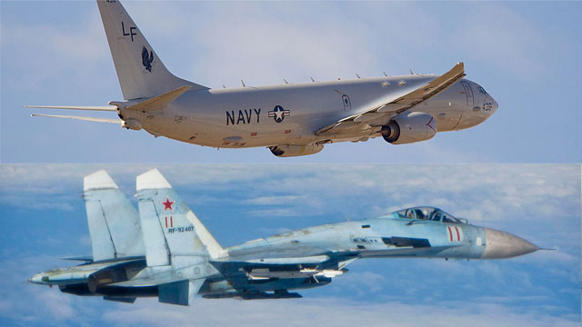 מטוס הסיור האמריקני (למעלה) ומטוס הסוחוי 27 (צילום: רויטרס, gettyimages) (צילום: רויטרס, gettyimages)