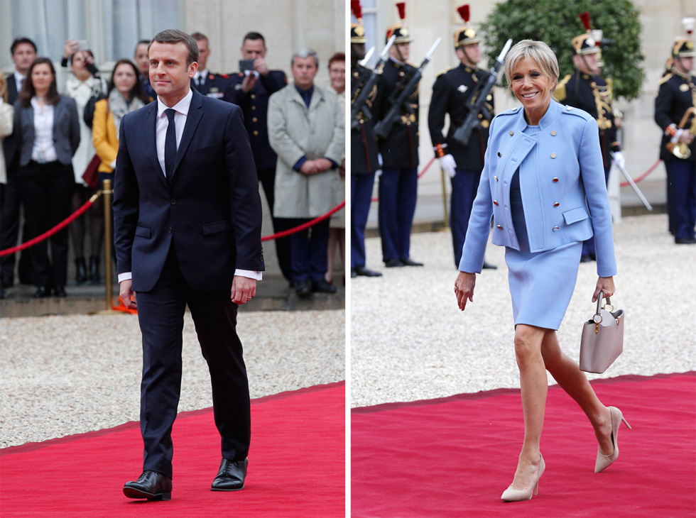 בגדים שמעידים על כבוד למסורת הצרפתית. בריז'יט טרונו בשמלה וז'קט של לואי ויטון בטקס ההשבעה של בעלה עמנואל מקרון (צילום: Gettyimages, AP)