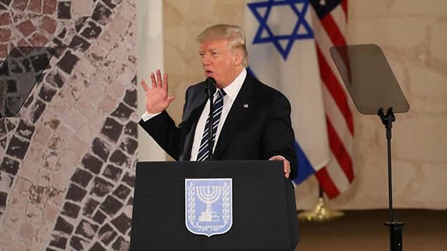 Trump speaking at the Israel Museum. Still won’t let the facts bother him (Photo: Alex Kolomoisky)