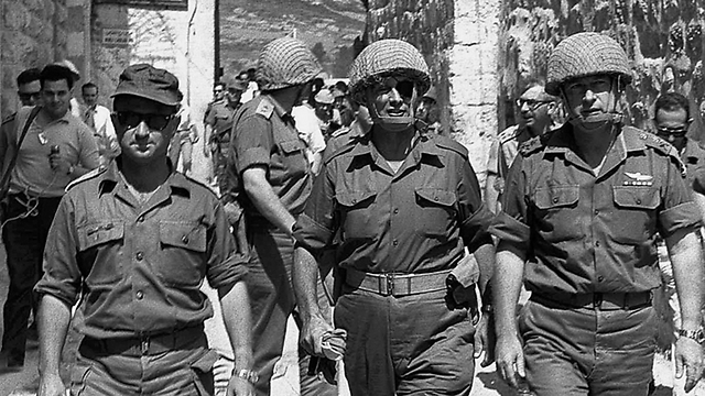 L-R: Defense Minister Moshe Dayan, IDF GOC Central Command Uzi Narkiss, Defense Minister Moshe Dayan and Chief of Staff Yitzhak Rabin in the Old City of Jerusalem during the 1967 war  (Photo: Getty Images)