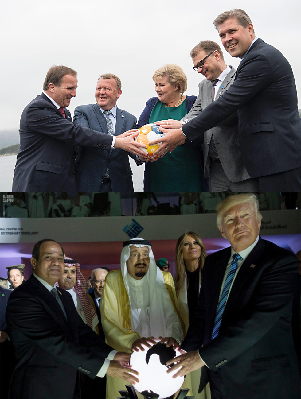 למעלה: ראשי הממשלה האירופיים בחיקוי. למטה: טראמפ עם מנהיגי סעודיה ומצרים בתמונה שהפכה ללהיט (צילום: AP, AFP) (צילום: AP, AFP)