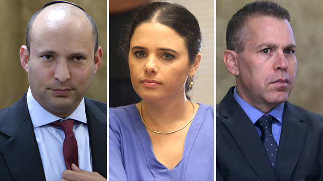 The ministers supporting the bill, from left to right: Bennett, Shaked and Erdan (Photo: Alex Kolomoisky)