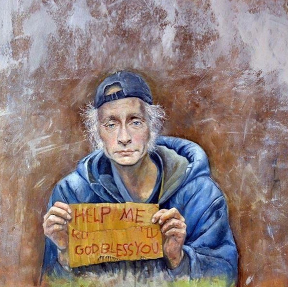 Беженец Путин с картонкой: "Помогите, и да благословит вас Бог"