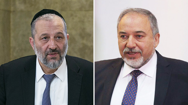 Shas leader Aryeh Deri (L) and Yisrael Beytenu leader Avigdor Lieberman (Photos: Motti Kimchi, Ohad Zwigenberg)