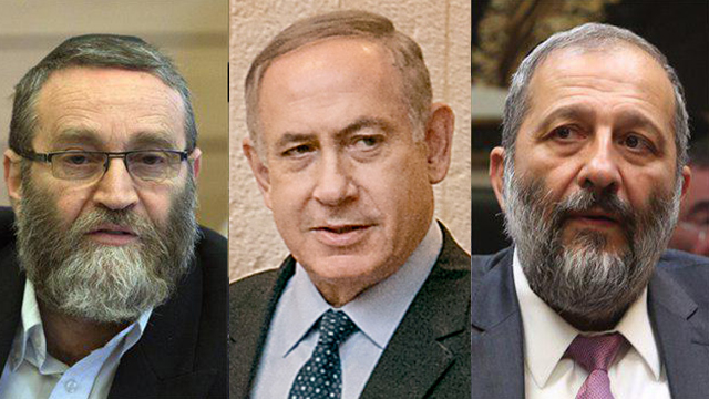 Netanyahu (center) and Haredi leaders Aryeh Deri (R) and Moshe Gafni. It seems the prime minister is paralyzed by fear every time ultra-Orthodox party heads raise an eyebrow (Photo: Ohad Zwigenberg, Gil Yohanan)   