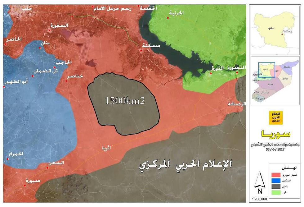 מפה של חיזבאללה שמציגה את התקדמות צבא סוריה באזור חלב ()