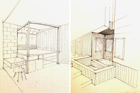סקיצות שמחברות בין אדריכלות הבית (מימין) לעיצוב הפנים (משמאל) (סקיצות: דליה נ.פ./ חוץפנים אדריכלים)