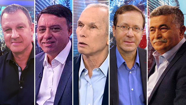 Labor’s top five candidates (from left to right): Erel Margalit, Avi Gabbay, Omer Bar-Lev, Isaac Herzog and Amir Peretz
