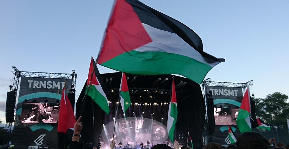 מפגינים פרו-פלסטינים מניפים דגלים בהופעה של רדיוהד ()