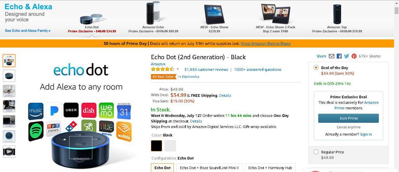 מכשיר אקו דוט במחיר של 35 דולר במקום 55 דולר ומשלוח חינם (צילום מסך מתוך אמזון) (צילום מסך מתוך אמזון)