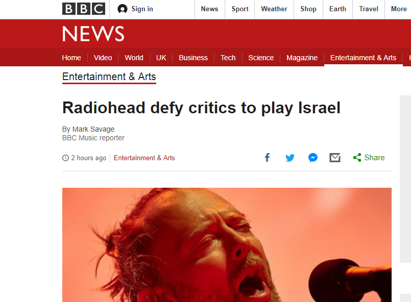 "רדיוהד קוראת תיגר על מבקריה ומופיעה בישראל". מתוך אתר ה-BBC (צילום מסך) (צילום מסך)