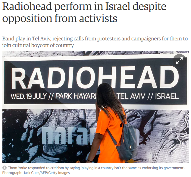 "רדיוהד מופיעה בישראל חרף המחאה". מתוך הגארדיאן (צילום מסך) (צילום מסך)