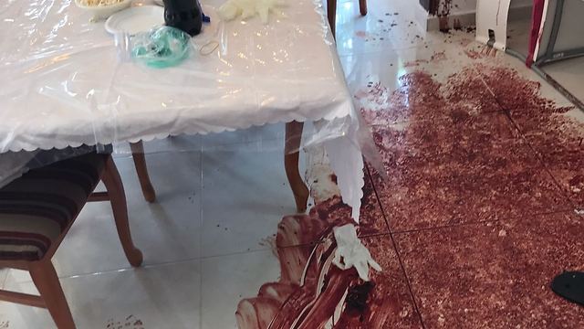 Blood in the kitchen of a Jewish family attacked by a terrorist on Friday night in Halamish (Photo: IDF Spokesperson’s Unit)