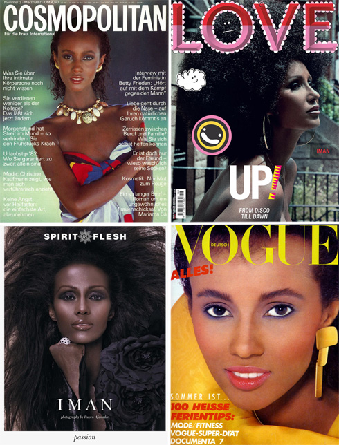 מימין למעלה: אימאן על שער מגזין LOVE החדש. בתמונות הנוספות: שערי מגזינים לאורך השנים