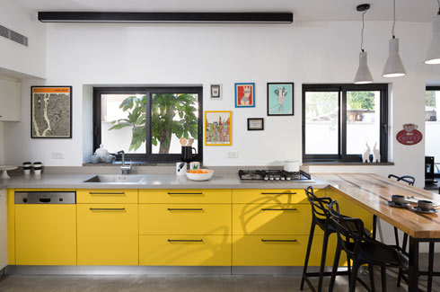 בארונות המטבח הצהובים הורכבו ידיות שחורות התואמות למסגרות האלומיניום של החלונות   (צילום: שי אפשטיין)