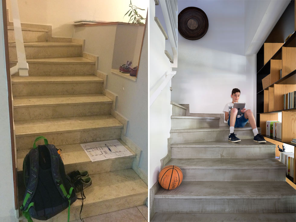 גרם המדרגות לקומה העליונה, לפני השיפוץ (משמאל) ואחריו (מימין). חיפוי השיש של המדרגות כוסה בבטון  (צילום: שי אפשטיין, מאיה שינברגר)