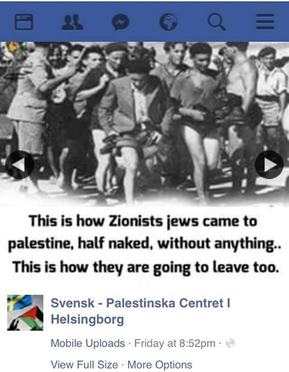 אחד הפוסטים האנטישמיים של הארגון שהוסר עקב לחצים ופניות לפייסבוק ()