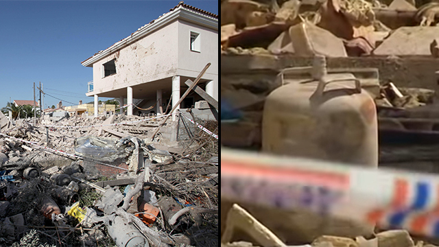 The building in Alcanar and one of the gas containers found after the explosion (Photos: EPA, Agencia Efe)