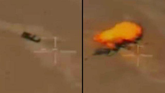 Snapshot from footage of Iran's drone strike against an ISIS vehicle, before and after impact