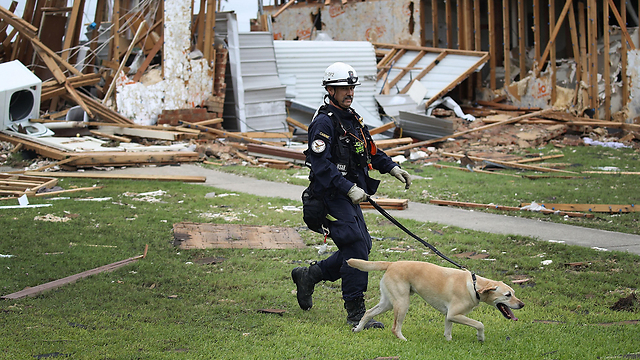 רוברט גרנט, איש צוות חילוץ והצלה, עם כלבו רוקי בין הריסות בתים בעיר רוקפורט (צילום: AFP) (צילום: AFP)