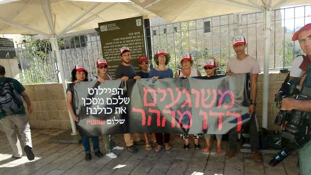 Peace now activists with signs saying: 'You crazy people, get off the mount, your pilot endangers us all' (Photo: Ir Amim)