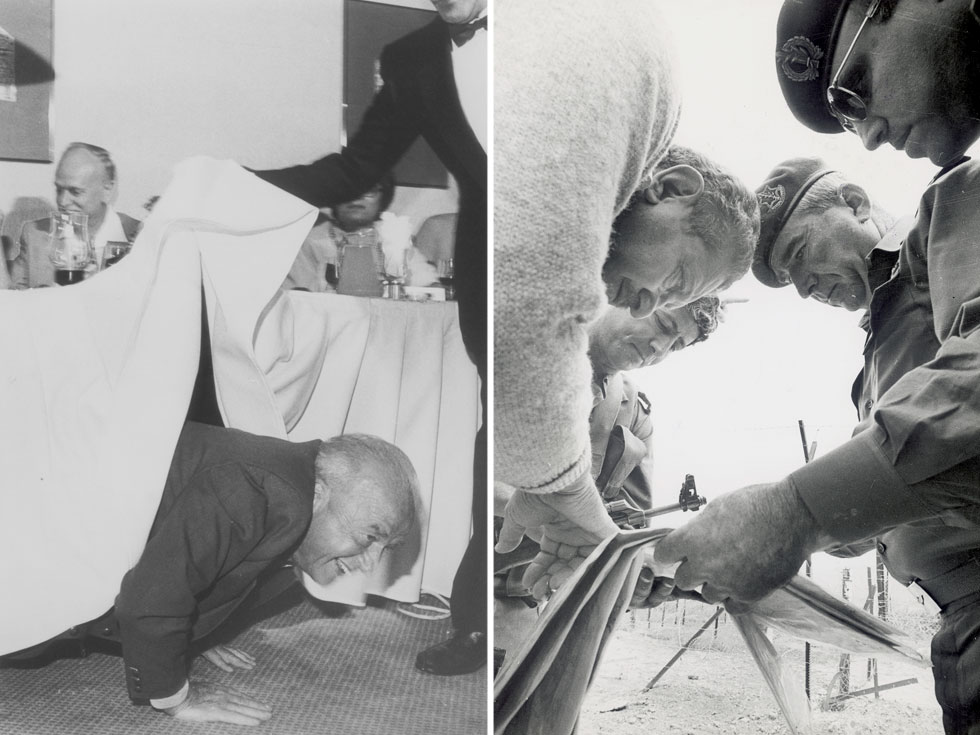 רפאל איתן ועזר ויצמן, שנות ה-80 (מימין), ויצחק רבין זוחל מתחת לשולחן (צילום: אבי שמחוני "במחנה")