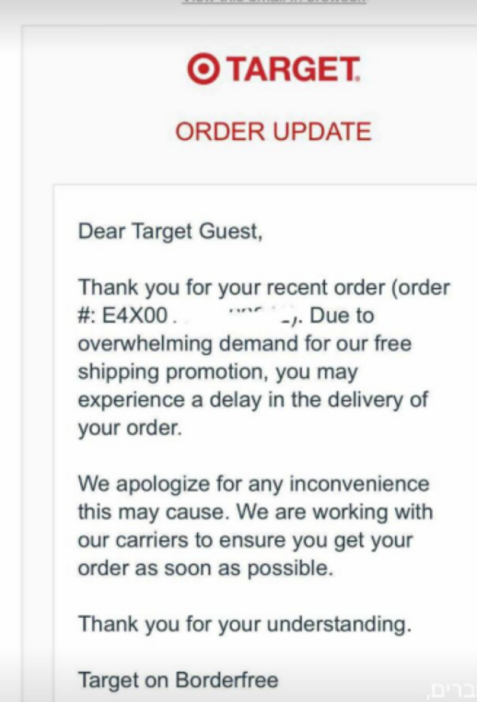 מייל שנשלח השבוע ללקוחות ובו התנצלות על עיכובים. מתוך קבוצת הפייסבוק INeeditIL ()