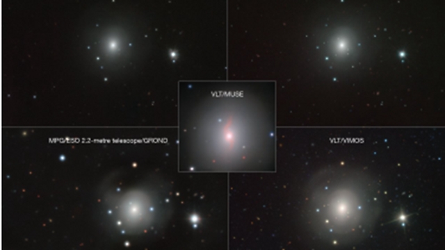 הגלקסיה NGC4993 והקילונובה. ארבעת התצלומים שצולמו באורכי גל שונים מוזגו לידי תמונה אחת - במרכז - למטה - הגדלה. הקילונובה נראית מעט שמאלה ומעט למעלה ממרכז הגלקסיה (צילום: ESO/J.D. Lyman, A.J. Levan, N.R. Tanvir) (צילום: ESO/J.D. Lyman, A.J. Levan, N.R. Tanvir)
