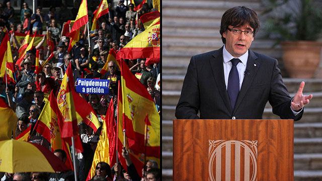 נשיא קטלוניה המודח על רקע חגיגות בברצלונה (צילום: AP, רויטרס) (צילום: AP, רויטרס)