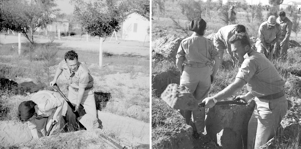 מארס 1956: רבין כאלוף פיקוד הצפון מגיע למושב מבטחים הסמוך לרצועת עזה ומשתתף בחפירתן של עמדות הגנה (צילום: דוד רובינגר)