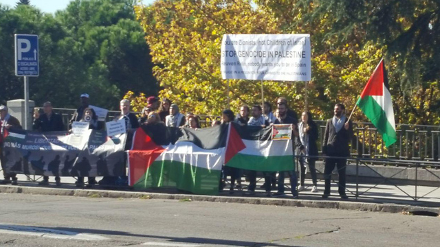 מחאה פרו פלסטינית מחוץ לפרלמנט בזמן הנאום (צילום: איתמר אייכנר) (צילום: איתמר אייכנר)