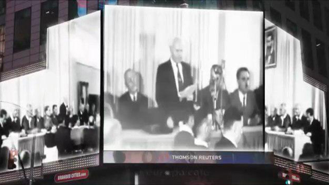 Still from Times Square video showing first PM Ben Gurion (Photo: WZO)