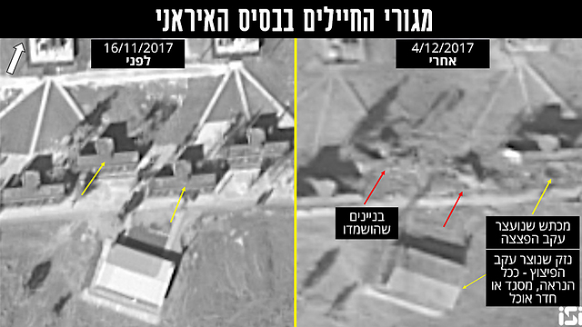 Слева – база до авиаудара, справа – после. Стрелочками обозначены разрушенные здания и воронка после взрыва.  Фото: ImageSat International 