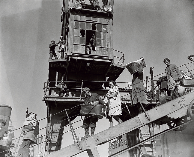 נוסעי "ספינת התינוקות" מורידים בחיפה את ילדיהם מהסיפון בפיילות מתכת | צילום: גטי אימג'ס