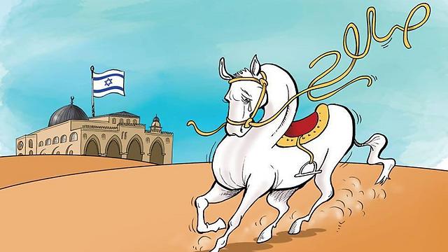 קריקטורה באל ג'זירה. הסוס של מוחמד מתקרב לאל אקצה - כשדגל ישראל מתנוסס מעל ()