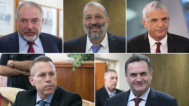 From left to right, clockwise: Ministers Avigdor Lieberman, Aryeh Deri, Moshe Kahlon, Yisrael Katz and Gilad Erdan  (Photos: Yaron Brener, Alex Kolomoisky, Ohad Zwigenberg, AFP)