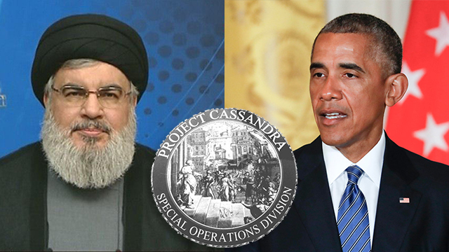 Former US President Obama (R), Hezbollah leader Nasrallah and Project Cassandra symbol  (Photo: AP, AFP)