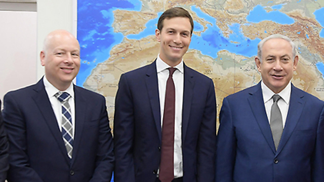 Prime Minister Netanyahu, right, with Jared Kushner and Jason Greenblatt (Photo: Amos Ben Gershom/GPO)
