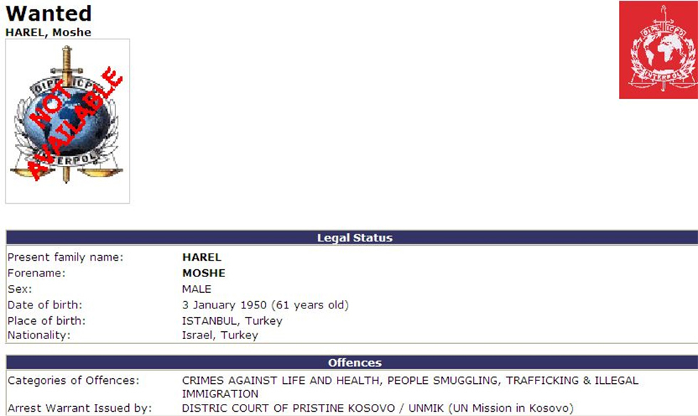 The arrest warrant filed to Interpol against Harel in 2008