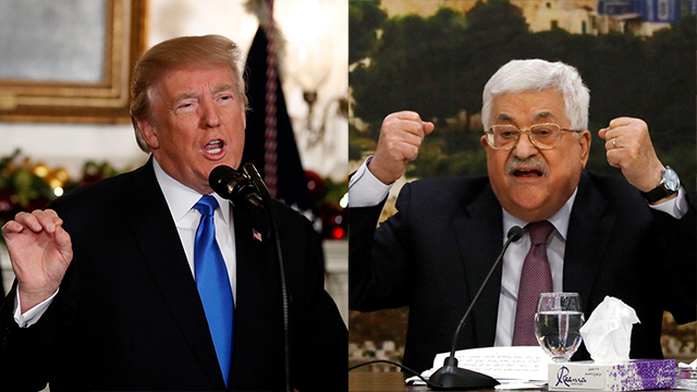 The administration of President Trump (L) is reportedly being pressured by PA President Abbas and Europe to set the 1967 lines as borders of a future Palestinian state (Photo: Reuter, AP)